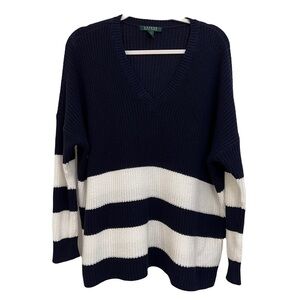 Lauren Ralph Lauren Womens Chunky Color Block Knit Sweater Size M White & Blue